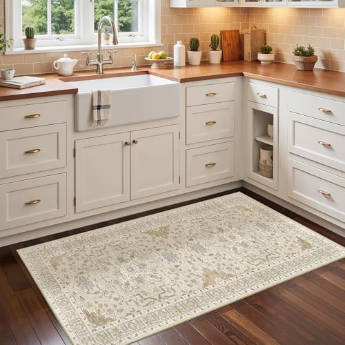 Madane Washable Area Rug 2x4, Small Entryway Rugs Non-Slip, Beige/Blue by Madane