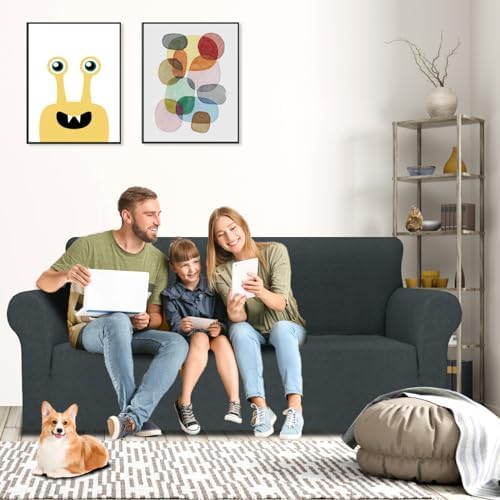 MAXIJIN Couch Covers for 3 Cushion Couch Sofa (71"-91"), 1-Piece Stretch Sofa Cover Slipcover Furniture Protector with Elastic Bottom for Kids,Dogs (Large, Diamond Pattern Gray) - Image 2
