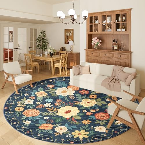DUKINO 6ft Round Rug, Washable Circle Rug for Bedroom Non Slip, Navy Blue by DUKINO