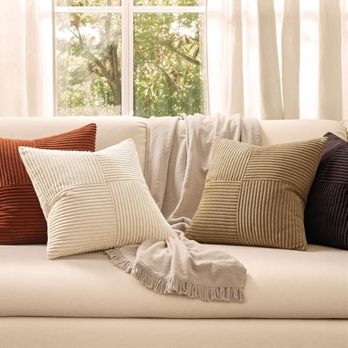 MIULEE Brown Beige Throw Pillow Covers 18x18 Inch Set of 4 Boho Farmhouse Cushion Cases for Livingroom Couch Bed Soft Corduroy Pillow Cases with Invisible Zipper Home Decor - Image 2