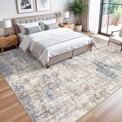 12x12ft Square Living Room Rug – Non-Slip Washable Extra Large Floor Carpet for Bedroom, Dining Room, Playroom Room – Modern Abstract Neutral Thin Low-Pile Oversized Indoor Rug (Blue Brown) - Image 4
