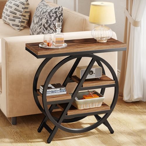 Tribesigns End Table Set of 2, 3-Tier Narrow Sofa Side Table with Storage for Living Room, Wood End Table with Geometric Metal Frame, Industrial Nightstand and Bedside Table for Bedroom, Rustic Brown - Image 5