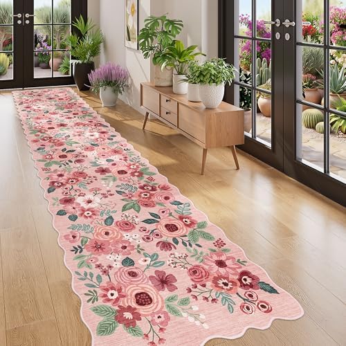 DUKINO 2.6x12 Washable Runner Rug, Floral Non Slip Long Kitchen Rug, Pink by DUKINO