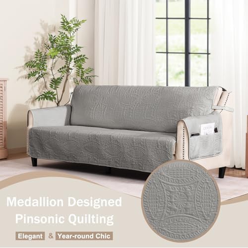 Quilted Cool Gray Sofa Slipcovers with Pockets, Anti-Slip Medallion Couch Covers for 3 Cushion Sofa, Couch Cover for Dogs Cats Water-Repellent Machine Washable (Large Sofa 68", Cool Gray) - Image 2
