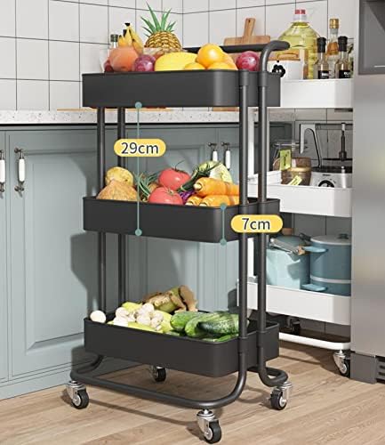 Sooyee 3 Tier Metal Utility Cart with Handle and Lockable Wheels, Black - Image 6