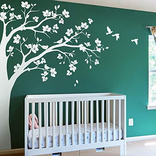 Large Corner Tree Wall Decal with Big Blossoms, Birds and Leaves Nursery Wall Art Sticker Mural 087 (Leaning Right, All White) by StudioQueeWallDecals