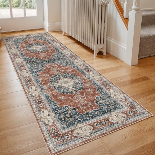 Ksrau 3x6 Runner Rug Washable Vintage: Non Slip Hallway Runners Brick/Blue - Image 2