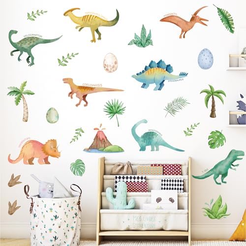 AOWDIAO Watercolor Dinosaur Wall Decals - 28 Pcs Peel and Stick Dino Decor for Boys’ Bedroom, Nursery & Classroom by AOWDIAO