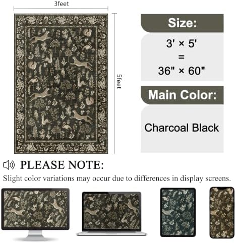 DUKINO 3x5 Rug Washable Animal Area Rug for Bedroom Non Slip Charcoal Black - Image 2