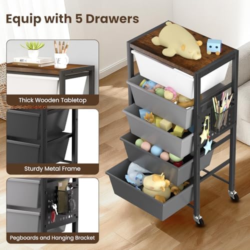Rolling Cart with 5 Drawers, Plastic Drawer Storage Carts with Wheels & Wooden Tabletop, Metal Utility Cart with Pegboards, Office Living Room Classroom Craft Organization and Storage, Dark Grey - Image 5