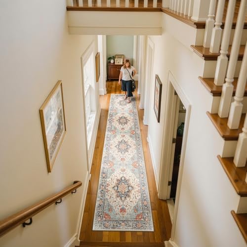 RELEANY Washable Area Rug, Runner 2'x10', Beige/Blue/Orange - Image 2