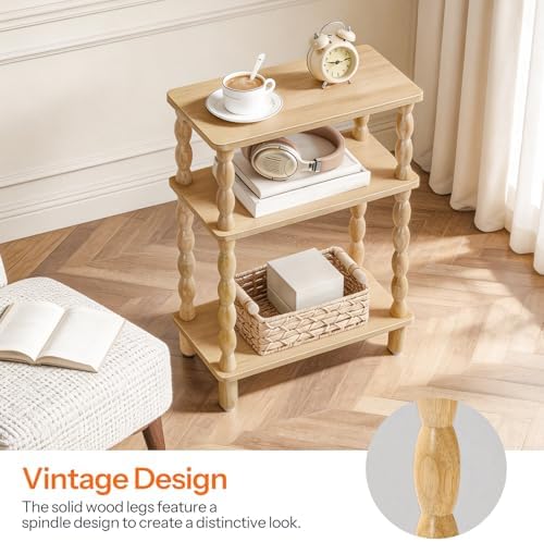HOOBRO Narrow Side Table, Skinny End Table with Storage, Solid Wood Legs, 3-Tier Bedside Table Nightstand for Small Space, Living Room, Bedroom, Sofa Couch, Natural NL462BZ01 - Image 5