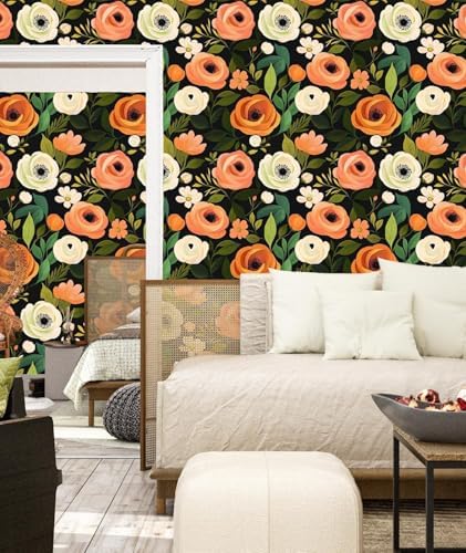 Danodoi Orange Green Vintage Floral Peel and Stick Wallpaper 17.5" x 393" | Waterproof Vinyl Self Adhesive Removable Renter Friendly Floral Contact Paper - Image 6