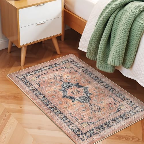 Washable 2x3 Small Area Rug: Vintage Indoor Soft Non Slip Door Mat Stain Resistant Carpet for Bedroom Living Room Light Weight Floor Mat for Kitchen Bathroom - Perfect for Homes with Pets (2x3,Orange) - Image 3