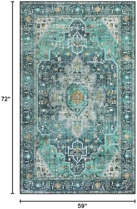 Moynesa Ultra-Thin Washable Vintage Area Rug - 5x7 Large Living Room Rug Boho Oriental Medallion Bedroom Mat Non-Slip Non-Shedding Dining Room Floor Carpet for Home Office, Teal/Mutil - Image 2
