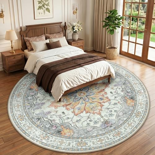 RELEANY Washable Area Rug, Round 10ft, Beige/Carbon Grey/Orange - Image 2