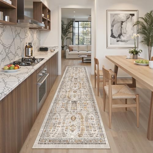 Madane Kitchen Runner Rug 2x7 with Rubber Backing Non Slip, Brown/Gold - Image 3