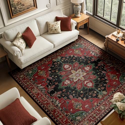 RELEANY Washable Area Rug, Square 6'x6', Red/Black by RELEANY
