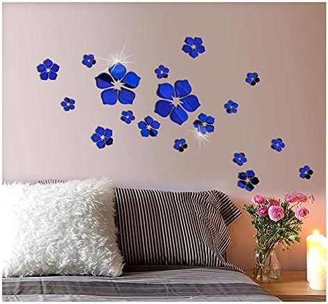 Philbinden Acrylic Mirror Floral Wall Stickers Self Adhesive Mirror Wall Decor Removable Mirror Decor 3D Flower DIY Wall Sticker for Living Room Bedroom Bathroom (Blue) - Image 3