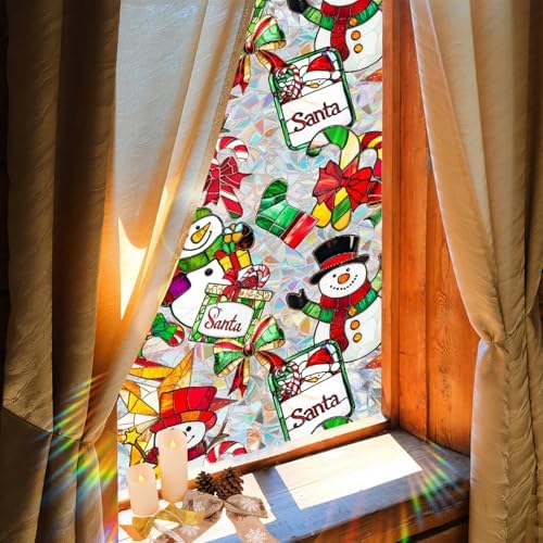 Christmas Stained Glass Window Cling Rainbow Tinted Window Film Privacy Stained Glass Window Decal Snowman Bow Candy Cane Windows Decals for Home School Xmas Party Decoration 17x 39.3 Inch - Image 3