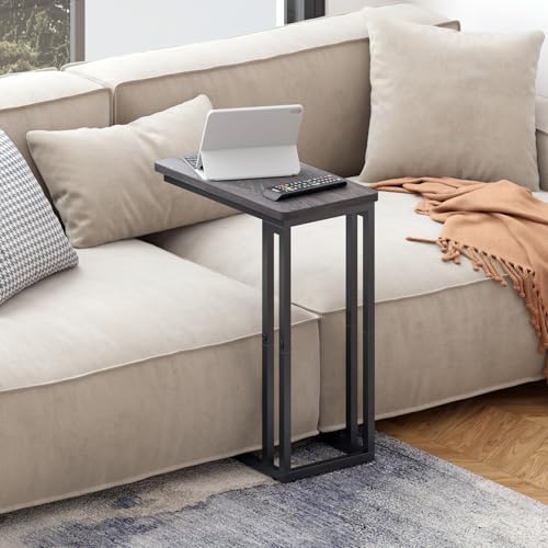 Yusong C Shaped End Table - Slide Under Sofa Couch Bed, Small Table for Small Spaces, Skinny Overbed, Coffee Drink Snack Table for Living Room, Grey Oak - Image 4
