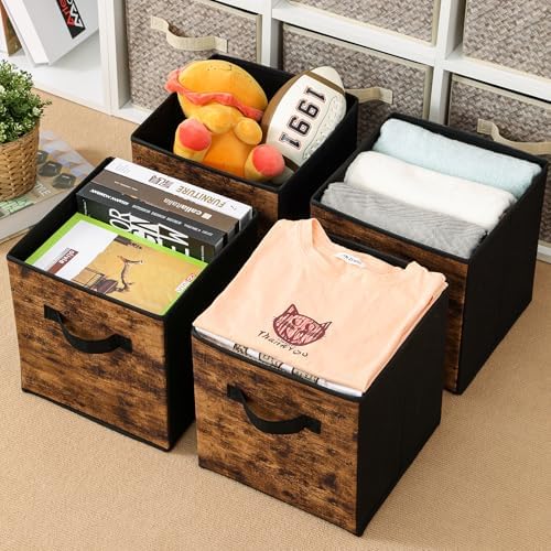 Stero Fabric Storage Cubes, 6 Pack Foldable Storage Bins with Handle, 11 Inch Box for Shelves, Closet, Organizer, Rustic Brown and Black - Image 6