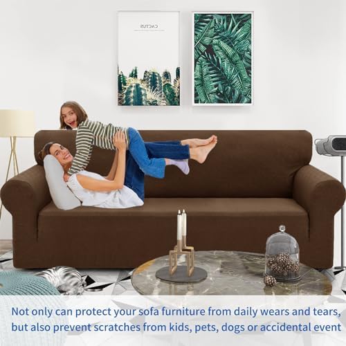 ZNSAYOTX 1 Piece Jacquard Couch Covers for 3 Cushion Couch Living Room High Stretch Sofa Cover Pets Dogs Friendly Anti Slip Thickened Slipcovers Furniture Protector (Large, New Pattern Coffee) - Image 2