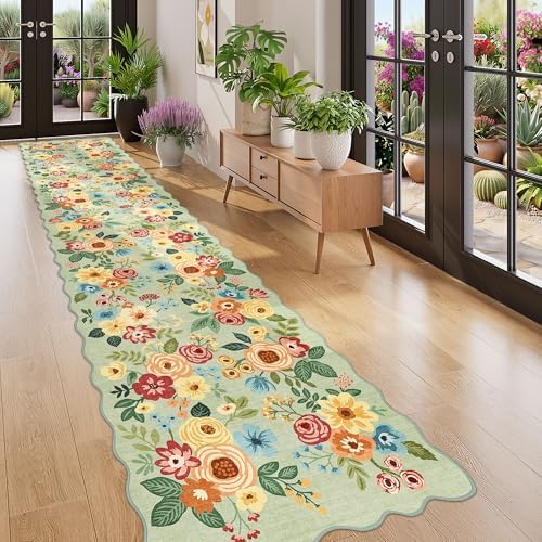 DUKINO 2.6x12 Washable Runner Rug, Floral Non Slip Long Kitchen Rug, Green by DUKINO