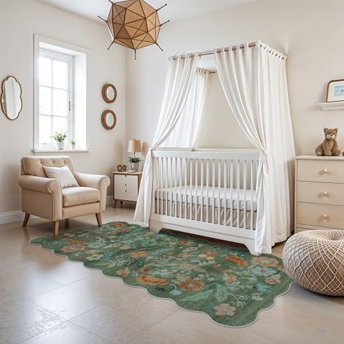 Hallway 3x6 Washable Runner Rug - Indoor Floral Scalloped Kitchen Entryway Low Pile Carpet Soft Non Slip Floor Mat for Bathroom Living Room Bedroom Elegant Home Decor(3x6 Floral/Green) - Image 6