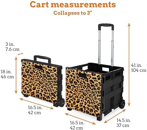 Inspired Living Ultra-Slim Rolling Collapsible Storage Pack-N-Roll Utility-carts, with Telescopic Handle, for Home, Garden, Shopping, Office, School use, Large, Leopard - Image 2