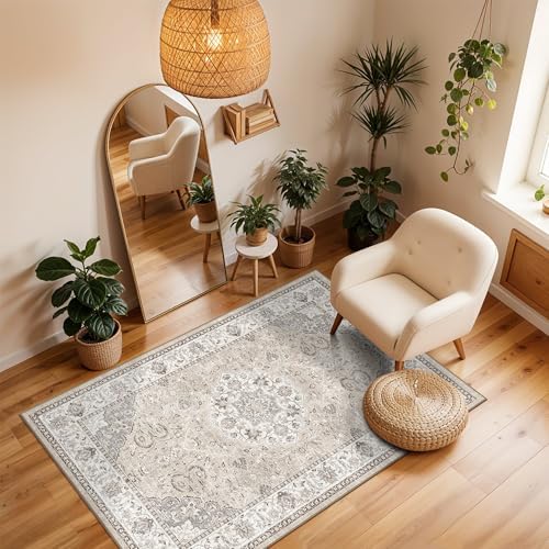 Washable Hallway 3x4 Floor Mats: Farmhouse Non-Slip Kitchen Sink Area Rug Water-Resistant Small Carpet for Living Room Bathroom Thin Soft Doormat Easy-Clean Decorative Rug for Pets Family(3x4,Beige) - Image 3