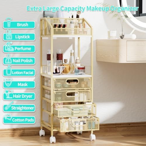 HapiRm Makeup Organizer Storage Cart - Floor Skincare Make Up Storage with 4 Drawers, Rolling Makeup Cart Vanity Organizer Cosmetics Display Cases Holder for Skin Care Perfume Nail Polish, Gold - Image 6