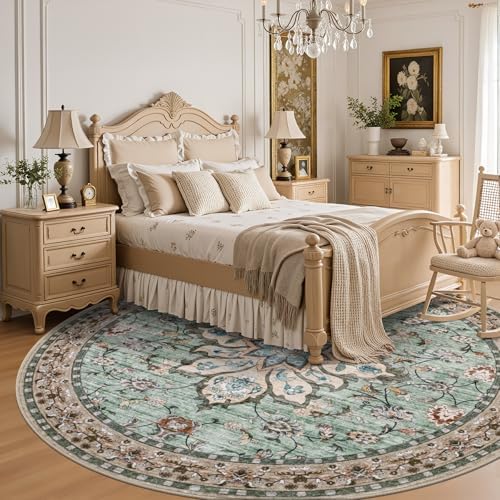 Round Area Rug for Living Room: 4ft Boho Washable Rug Brown Green - Image 4