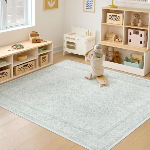 5x7 Area Rugs for Living Room: Washable Vintage Floral Rug Low Pile Non-Slip Boho Carpet for Nursery Bedroom Dining Room (Green, 5'x7') - Image 2