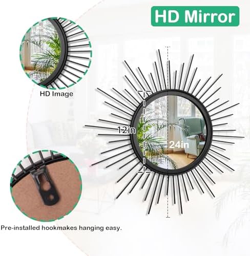 Sunburst Wall Mirror, Black Large Spoked Wall Decor Mirror Bohemian Home Round Modern Metal Wall Art Mirror for Living Room Hallway Bedroom Bathroom 24" x 24" - Image 7