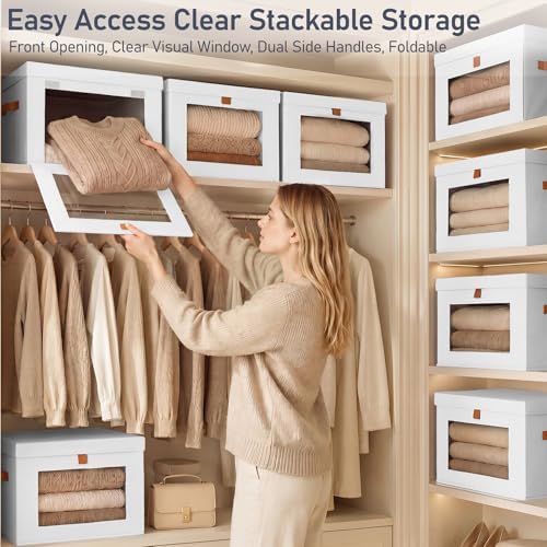 DIMJ Storage Bins with Lids - 6 Pack Front Opening Stackable Fabric Storage Boxes with Clear Window & Handles, Collapsible Closet Organizers for Clothes, Sweaters, Shelf Storage, Bedroom, White - Image 2