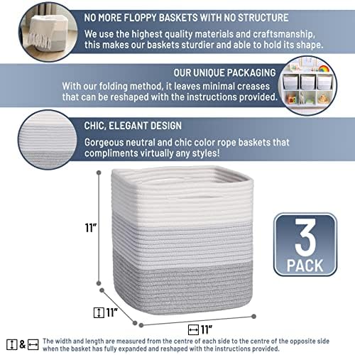 NaturalCozy Storage Cubes 11 Inch Cotton Rope Woven Baskets for Organizing, 3-Pack | Cube Storage Bin | Square Storage Baskets for Shelves Organizer, Classroom, Kids Toy Bins, Closet, Baby Nursery - Image 2