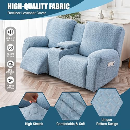 Genina Waterproof Recliner Loveseat Cover,2 Seat with Console,Light Blue - Image 4