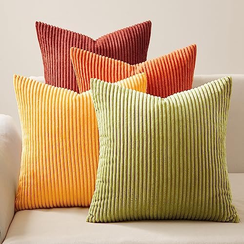 Topfinel Fall Burnt Orange Throw Pillow Covers 16x16 Set of 4,Corduroy Striped Decorative Cushion Cases for Couch Living Room Sofa Guest Bedroom Fluffy,Small Cute Shams by Topfinel