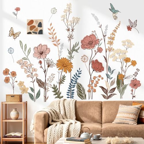 wondever Boho Flower Floral Wall Decals Wildflower Grass Wall Stickers | Peel and Stick, Removable, Wall Art Decals, Wall Decoration, Kids Room, Girls Bedroom Baby Nursery Playroom Decor by wondever