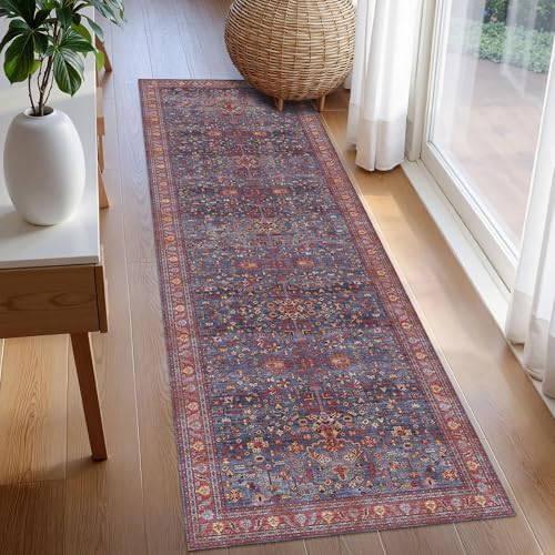 Washable Area Rug 2'6'' x 8' Vintage Traditional Persian Mat - Foldable Distressed Non-Slip Machine Washable Carpet for Living Room Bedroom Kitchen Home Decor - Indigo and Crimson - Image 3