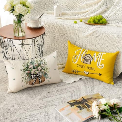 AVOIN colorlife Bless Our Home Farmhouse Eucalyptus Leaves Throw Pillow Covers, 12 x 20 Inch Yellow Truck Home Sweet Cushion Case Decorations Set of 4 - Image 4
