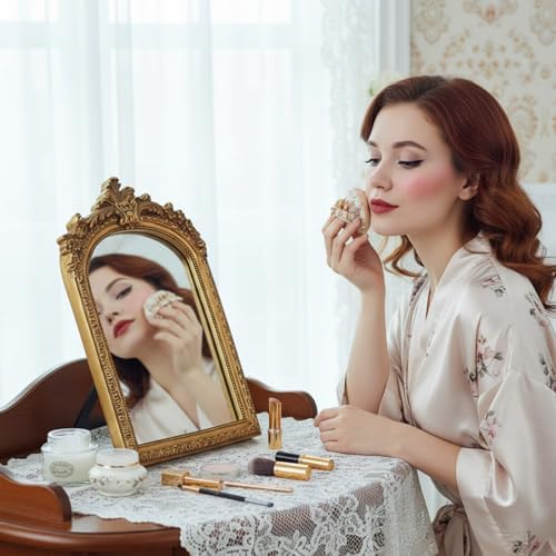 2 Pcs Small Gold Mirror Vintage Decorative Wall Mirror 10 x 6.8 and 8.5 x 6 Inch Desk Makeup Mirrors Antique Hanging Mirrors with Stand for Bedroom Living Room Dresser Victorian Decor - Image 5