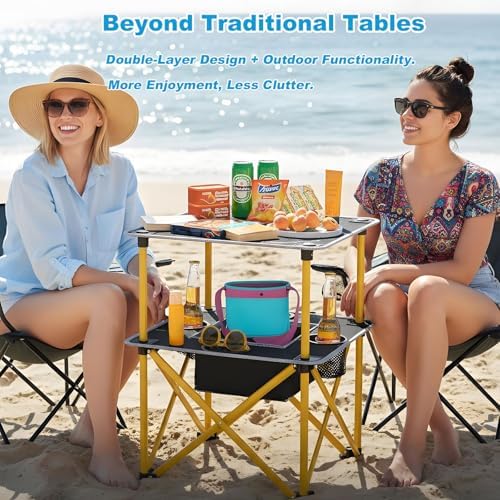 Folding Camping Table with 4 Cup Holders, Lightweight Portable Beach Outdoor Picnic Table, Square Camp Table with Built-in Food Basket Travel Bag for BBQ, Camping, Tailgate - Image 3