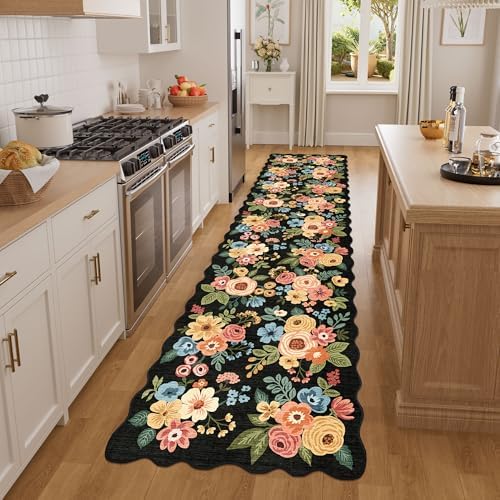 DUKINO 2x8 Washable Runner Rug, Floral Non Slip Kitchen Runner Rug, Black by DUKINO