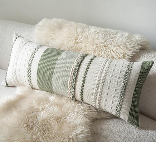 Cethom Boho Lumbar Pillow Covers 14x36 Inch Long, Green Textured Decorative Couch Pillow Cases for Farmhouse Home Decor, Accent Cushion Cover for Sofa, Bed, Living Room, Bedroom, Pack of 1 by Cethom