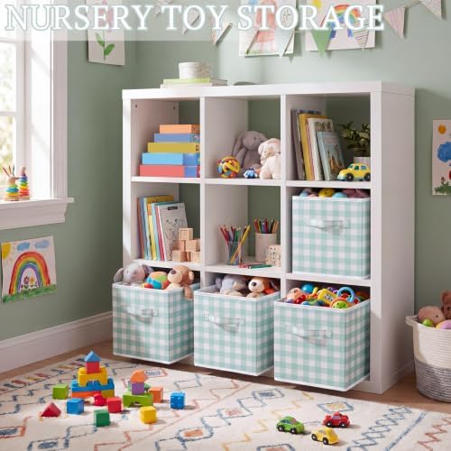 Yalikop 6 Pcs Green Gingham Cube Storage Bins, 11 Inch Fabric Checkered Classroom Storage Bins Organizer with Handle Preppy Collapsible Cubby Basket for Classroom Home Nursery Playroom Bedroom - Image 4