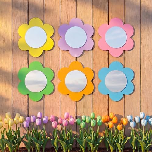 Xuhal 6 Pcs Flower Mirror Set Handmade Learning Tool Outdoor Sign for Sensory Gardens Sensory Rooms Garden Wall Decorations Spring Activitie by Xuhal
