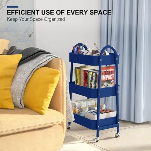 EAGMAK 3 Tier Utility Rolling Cart, Metal Storage Cart with Handle and Lockable Wheels, Multifunctional Storage Organizer Trolley with Mesh Baskets for Kitchen, Living Room, Office, Garage (Indigo) - Image 7