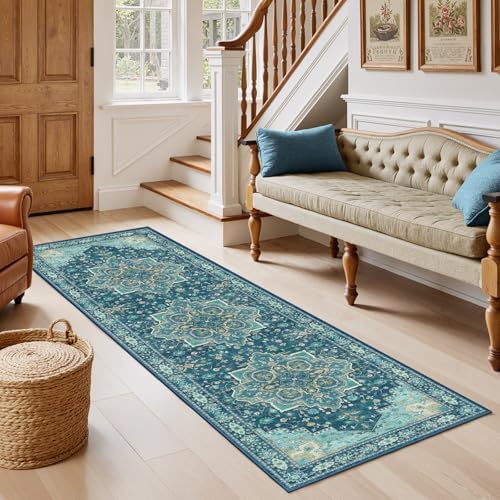 AMADA HOMEFURNISHING 2x6 Runner Rug, Vintage Distress Print Pattern Non Slip Area Carpet for Hallway Kitchen Bathroom Door Mat Indoor Entrance, Teal Blue by AMADAHOMEFURNISHING
